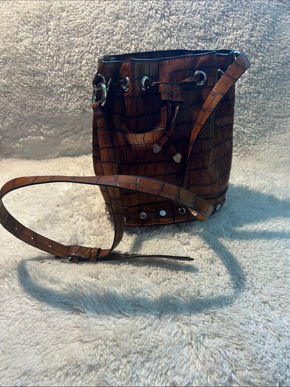 Zara Brown Croc-Effect Bucket Crossbody Bag